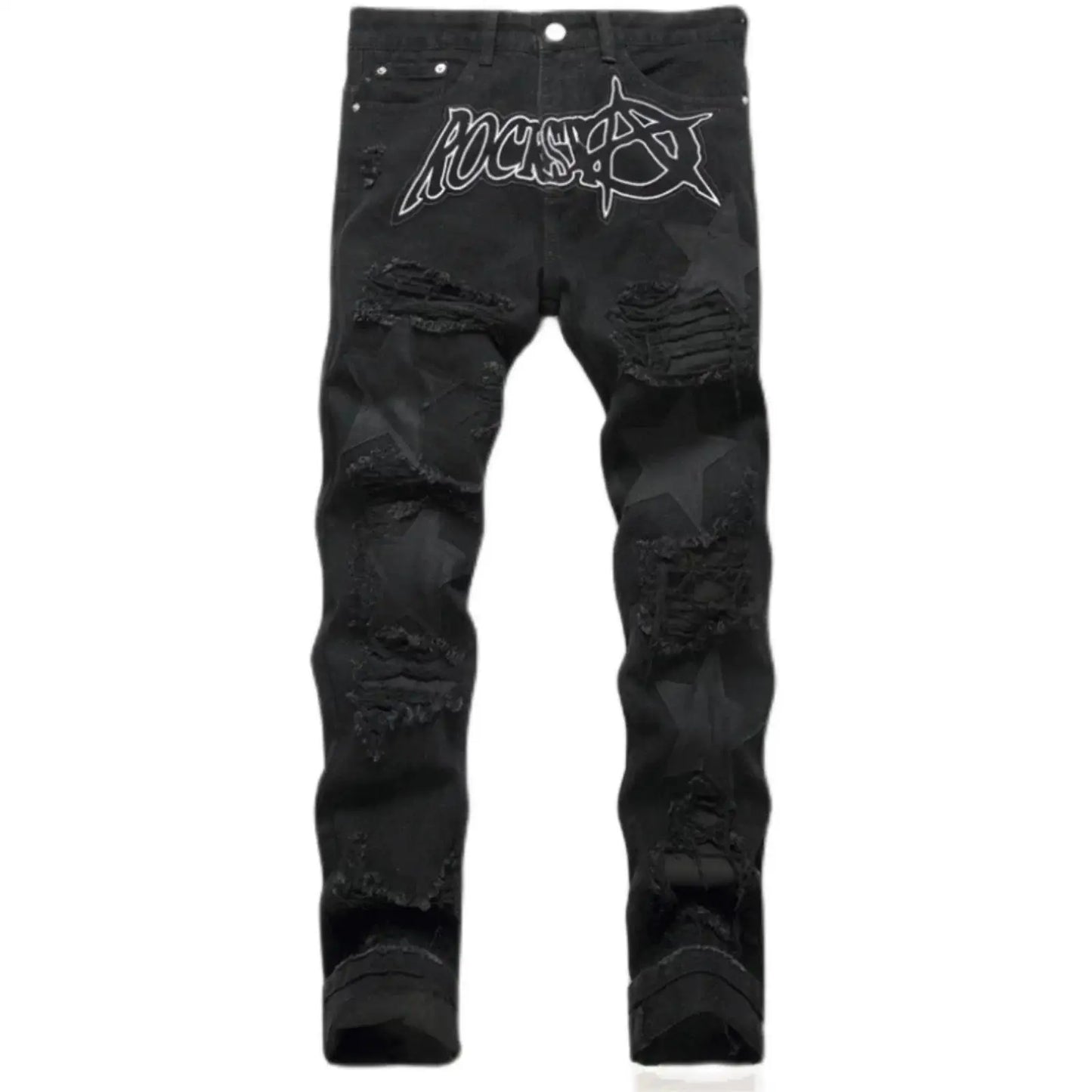 Punk Style Men's Slim Fit Straight Leg Denim Jeans Black Hole Patch Embroidery Non Stretch Fashion Urban Casual Cotton Polyes...