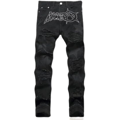 Punk Style Men's Slim Fit Straight Leg Denim Jeans Black Hole Patch Embroidery Non Stretch Fashion Urban Casual Cotton Polyes...