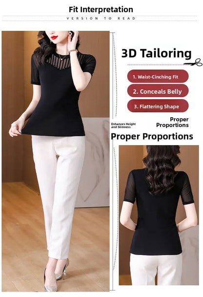 Lace Short Sleeve Slim Fit T-Shirt Women's Summer New Netting Thin Style round Neck Regular Length Pure Color Commute Style