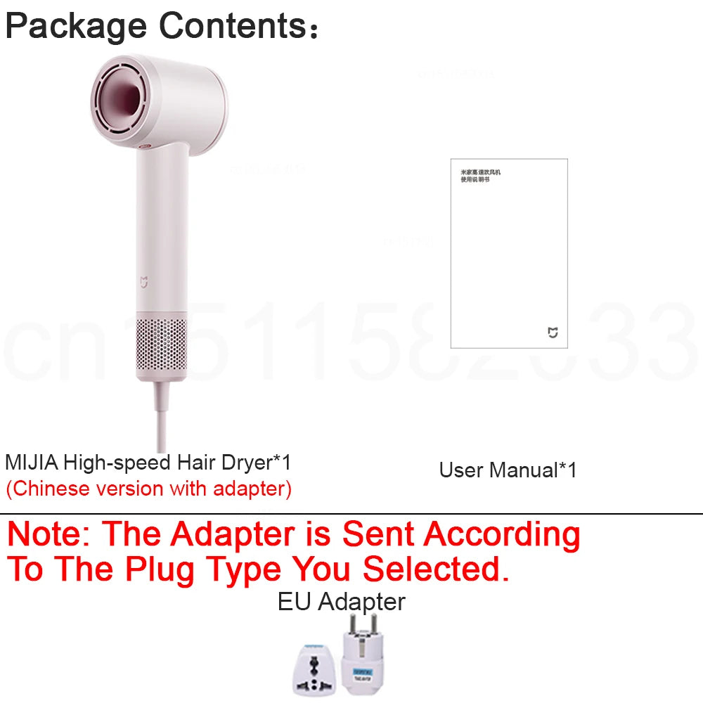 New MIJIA High-Speed Hair Dryer,110000rpm,62m/s Powerful airflow,8 Airflow Mode,347g 4 Color,CN Version With Adapter 220V