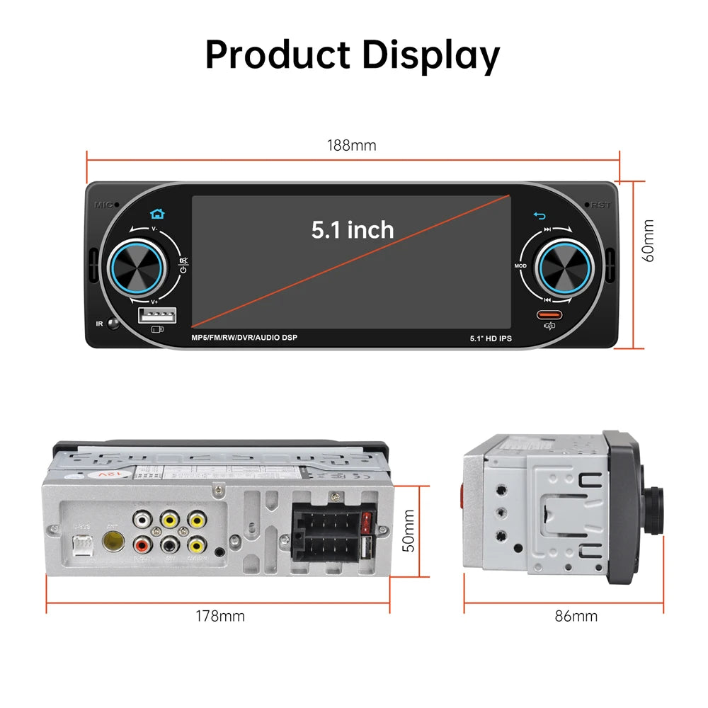 5.1Inch 1Din Car Radio MP5 IPS HD Player Support Wireless Carplay Android Auto Bluetooth FM AM RDS Stereo USB WIFI Video Player