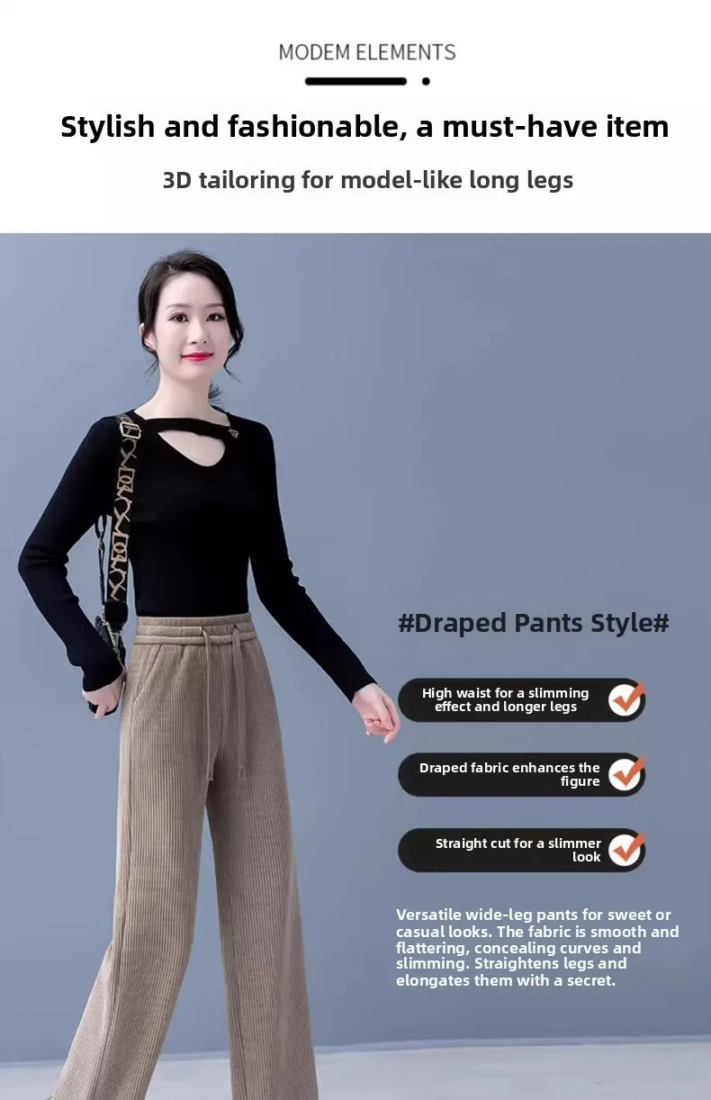 Thickened Fleece Wide Leg Pants Women's Casual Straight Cut Trousers Autumn Winter New Style High Waist Cotton Elastic Waist