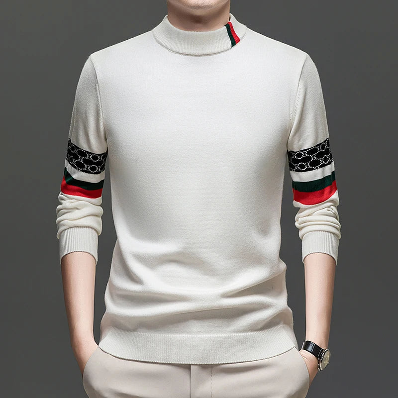 High End Big Brand Semi High Neck Sweater for Men with Thick Velvet and Autumn/winter Fashionable Warm Base Shirt for Men