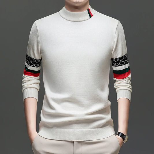 High End Big Brand Semi High Neck Sweater for Men with Thick Velvet and Autumn/winter Fashionable Warm Base Shirt for Men