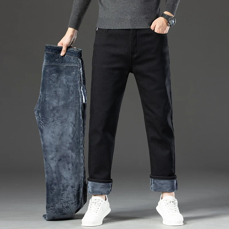 Winter Men's Slim Loose Straight Elastic Denim Pants Casual Clothing Fashion Plush Thickening Trousers Fleece Thick Warm Jeans