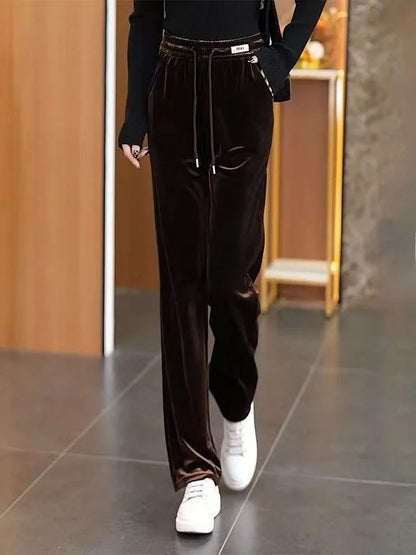 Fashionable Gold Velvet Wide Leg Pants Women's Winter Loose Slimming High Waist Fleece Casual Straight Long Trousers