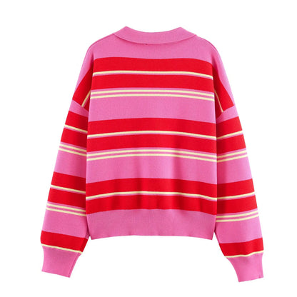 JNLEAOG Fashionable Striped Knitted  Shirt Women's Loose Fit Classic Pattern Long Sleeve Youthful Vitality Autumn New Arr...