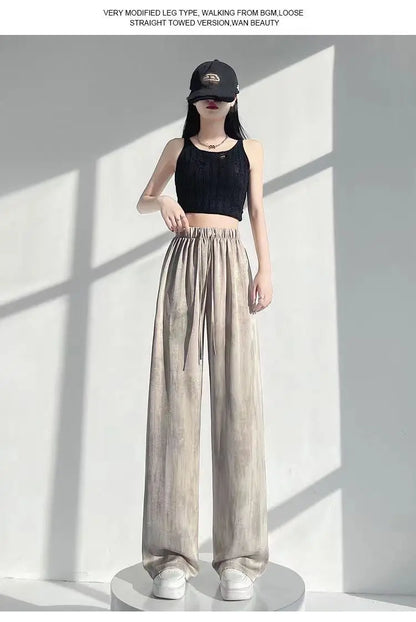 Summer Thin Ice Silk Satin Dyed Wide Leg Pants Women Loose Casual Drape High Waist Slimming Pants Ins Straight Leg Elastic Wa...