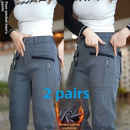 Men's Workwear Pants Elastic Waist Multi-Pocket Straight Leg Autumn Winter Durable Polyester Fiber Casual Trousers