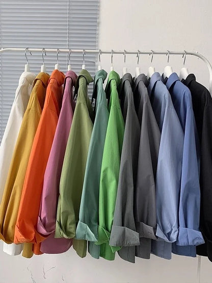 Loose Long Sleeve Pure Color Shirt Women's Basic Style Retro Korean Hong Kong Style Casual Outerwear for Couples Student Fashion