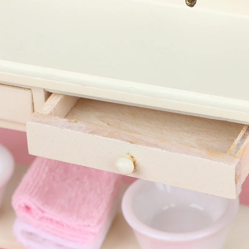 1:6 1:12 Dollhouse Miniature Wooden Bathroom Sink Cabinet Kitchen Wash Basin Drawer Furniture Model Decor Toys Accessory