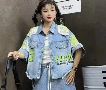 Casual Lace Hollow out Patchwork Summer New Women's Outfit Loose Top with Digital Letter Print Matching Long Pants