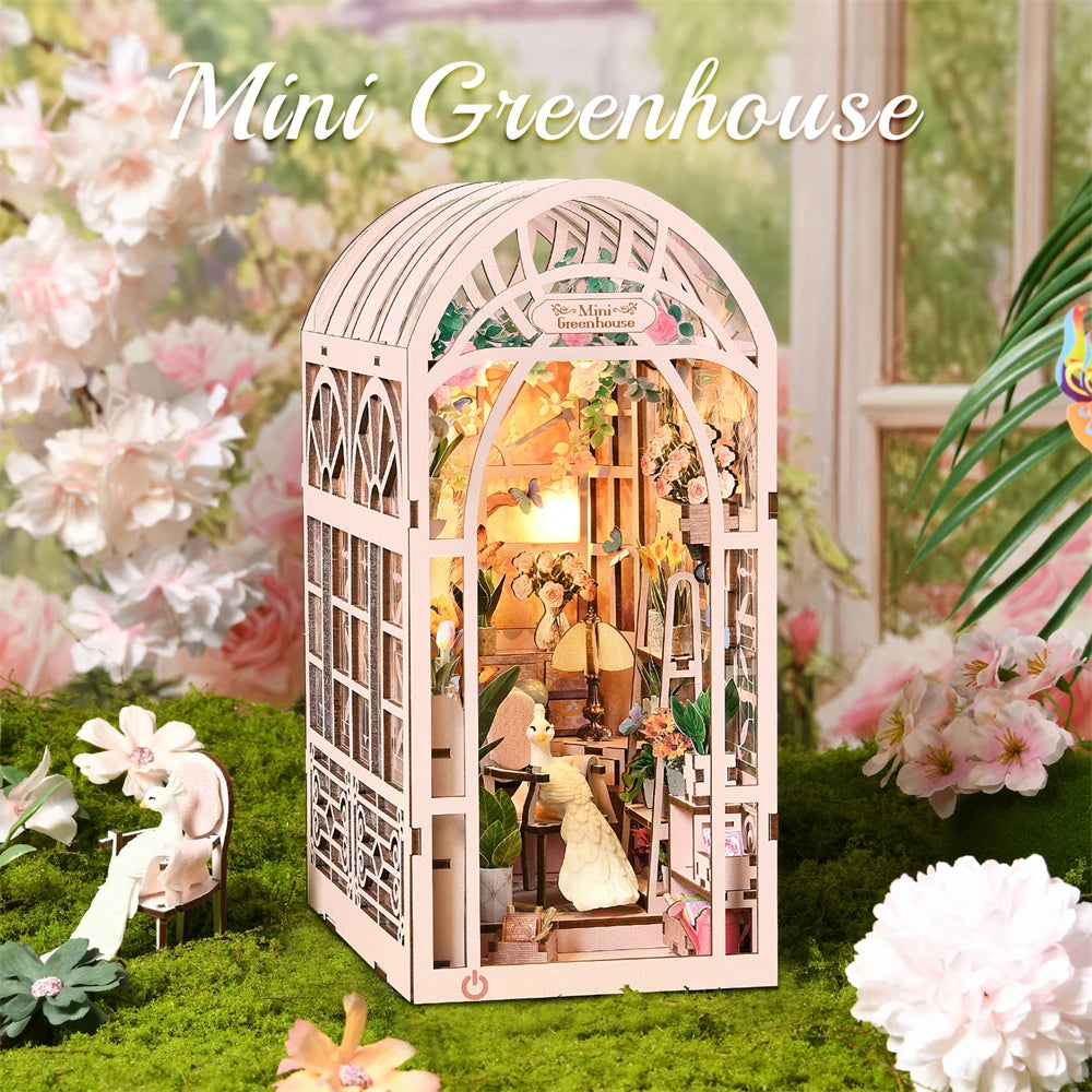Book Nook Kit Greenhouse Sunlight Room Dollhouse Booknook 3D Wooden Puzzle Miniature Doll House For Bookshelf Insert Furniture