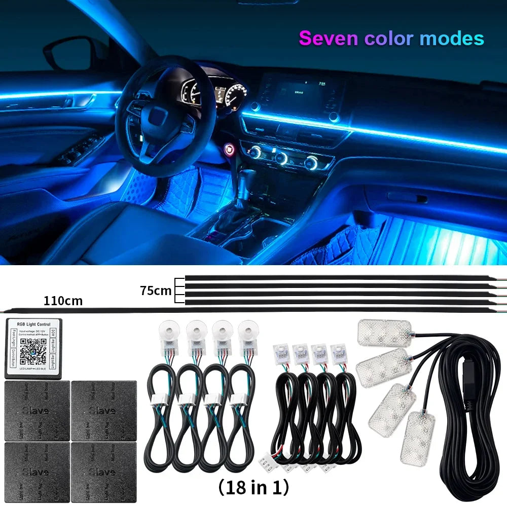 6/14/18 in 1 Led Acrylic Car Ambient Light RGB 64 213 Color Symphony Acrylic APP Streamer Rainbow Atmosphere Lamp Kit Dual Zone