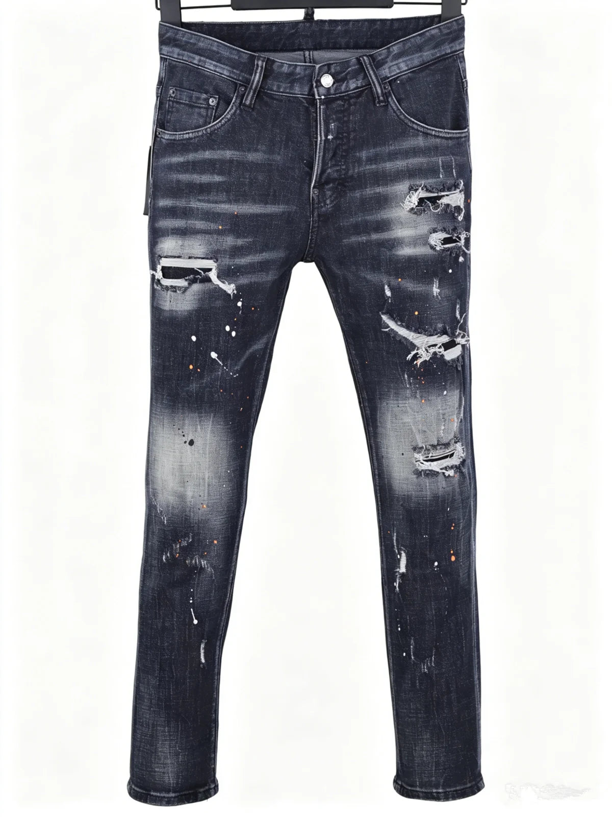 6058 Four Seasons New Men's Wash Grinding Hole Patch Paint Splash Ink Micro-bullet Leg Grey Jeans for Men