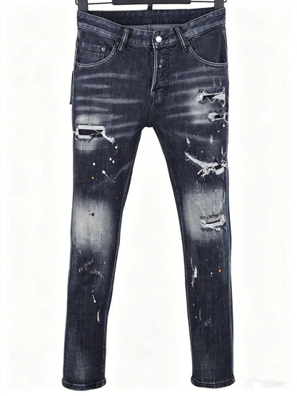 6058 Four Seasons New Men's Wash Grinding Hole Patch Paint Splash Ink Micro-bullet Leg Grey Jeans for Men