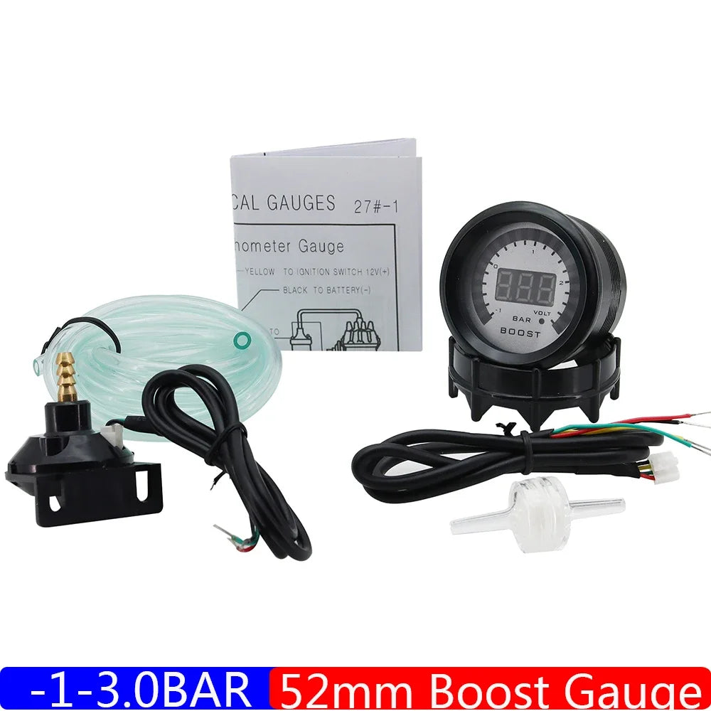 2" 52mm Auto Car Gauge Turbo Boost Gauge -1-3BAR/-15-45PSI Turbo Boost Meter with Sensor BAR PSI for Universal Gasoline Car 12V