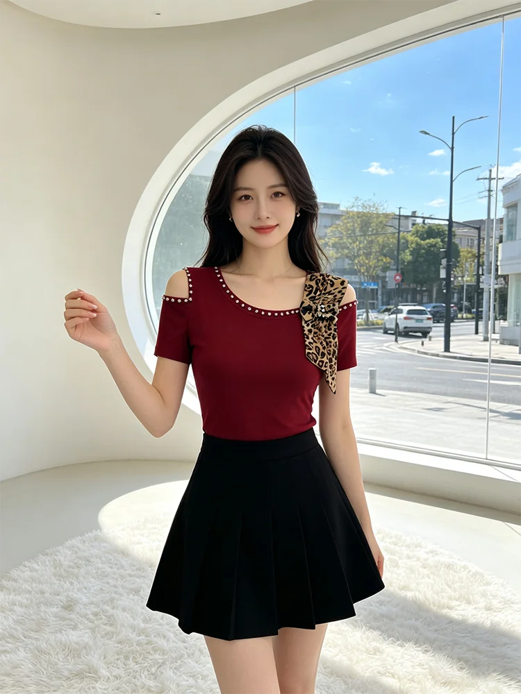 Summer New Off Shoulder Short sleeved T-shirt Korean Fashion Diamond Tops Slim Style Bowknot Women Shirt