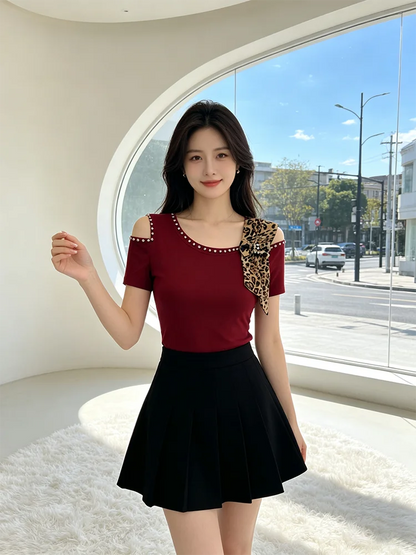 Summer New Off Shoulder Short sleeved T-shirt Korean Fashion Diamond Tops Slim Style Bowknot Women Shirt