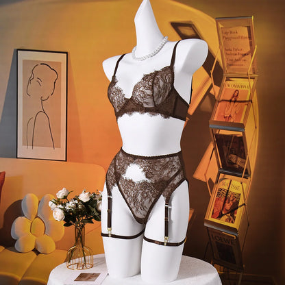 Ellolace Solid Lingeries Sexy Hot Elegant Bra Belt Thong 3PC with Leg Circles Cute Intimate Seductive Lace Tempted Underwear
