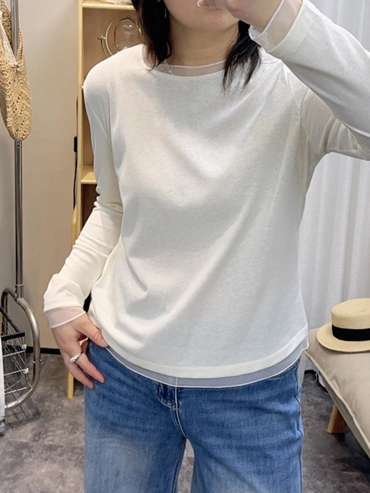 Spring New plus Size round Neck Mesh Splice Loose Long Sleeve Base Shirt Women Fat MM Slimming Belly Cover Simple T-shirt