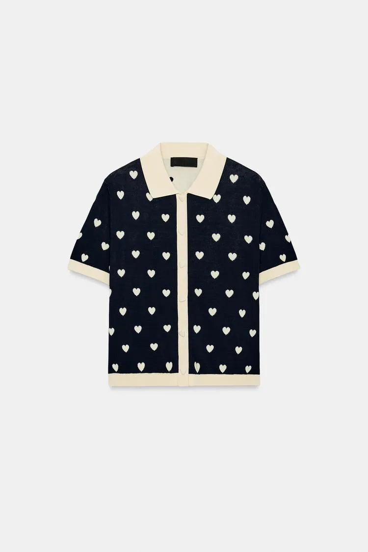 New Summer Women's Street Style  Shirt Turn-down Collar Short Sleeve Color Block Heart Pattern Embroidery Casual Top