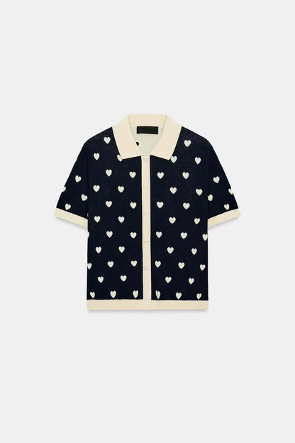 New Summer Women's Street Style  Shirt Turn-down Collar Short Sleeve Color Block Heart Pattern Embroidery Casual Top