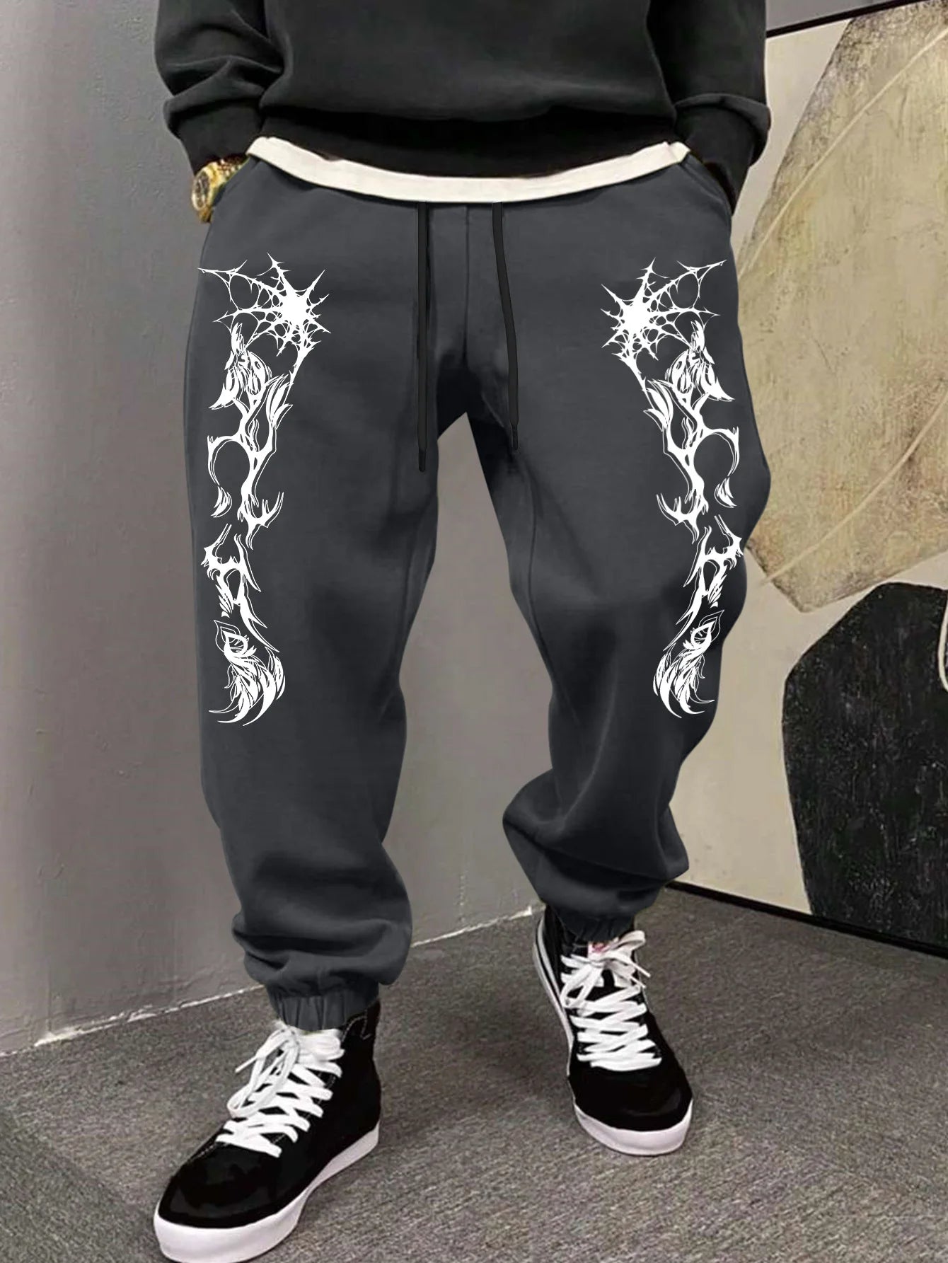 Men's Gothic Dual Side Spider Web Thorn Abstract Print Sweatpants Elastic Waist Soft Dark Punk Street Hip Hop Joggers