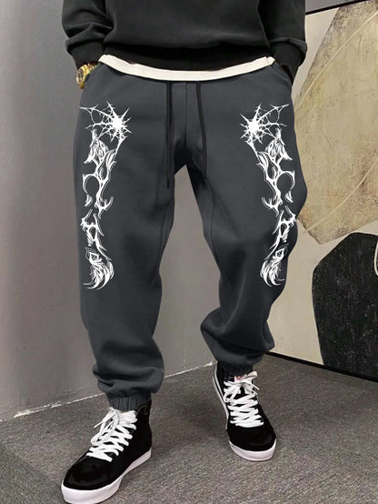 Men's Gothic Dual Side Spider Web Thorn Abstract Print Sweatpants Elastic Waist Soft Dark Punk Street Hip Hop Joggers