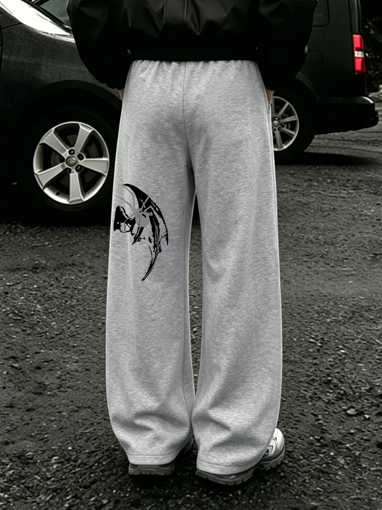 Mens Dark Gothic Spider Bat Wing Print Baggy Wide Leg Sweat Pants Loose Straight Drawstring Hip Hop Street Joggers