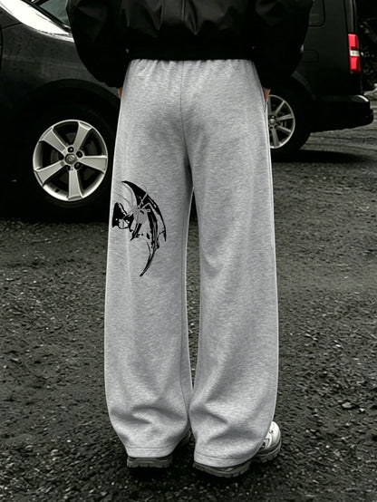 Mens Dark Gothic Spider Bat Wing Print Baggy Wide Leg Sweat Pants Loose Straight Drawstring Hip Hop Street Joggers