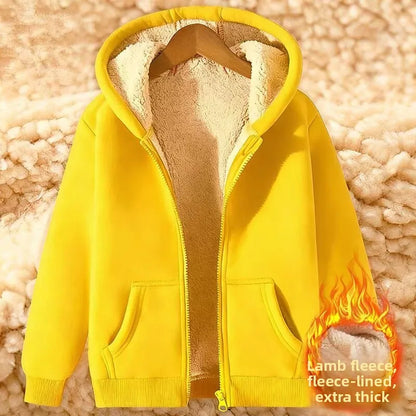 Ladies Large Size American Style Lamb Velvet Hoodie Zipper Cardigan Outerwear Autumn Winter Thickened Long Sleeve Casual Wear