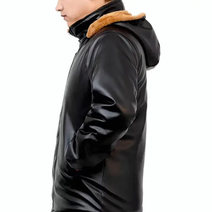 Luxury Black Leather Jacket Wool Lining Warm Men's Clothing Casual Hooded Jacket PU Leather Coats Windproof Outerwear New Chic