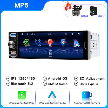 1 Din Car Radio Universal Wireless Carplay Android Auto Car Multimedia MP5 BT Car Stereo Type-C USB FM/AM IPS Touch Screen