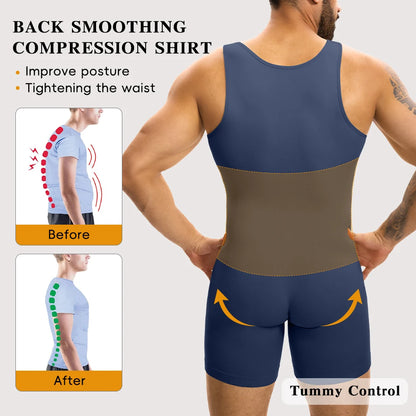 Men's Sleeveless Compression Shapewear Bodysuit Tummy Control Slimming Vest 3-Row Hooks Open Crotch Underwear for Daily Wear