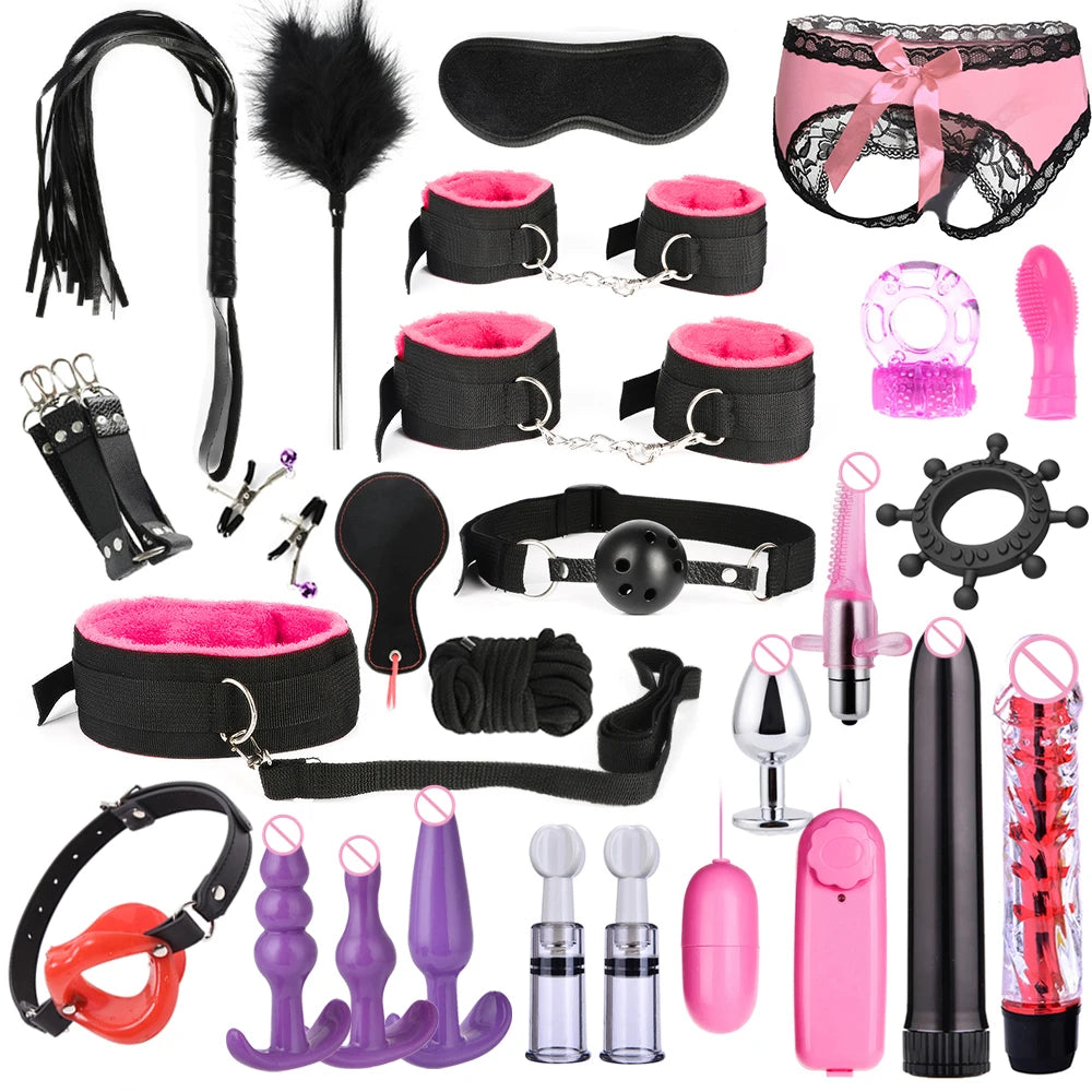 Hot Exotic Bed Bondage Set BDSM Kits Exotic Sex Toys For Women Adults Games Leather Handcuffs Whip Gag Nipple Clamps Sex Shop