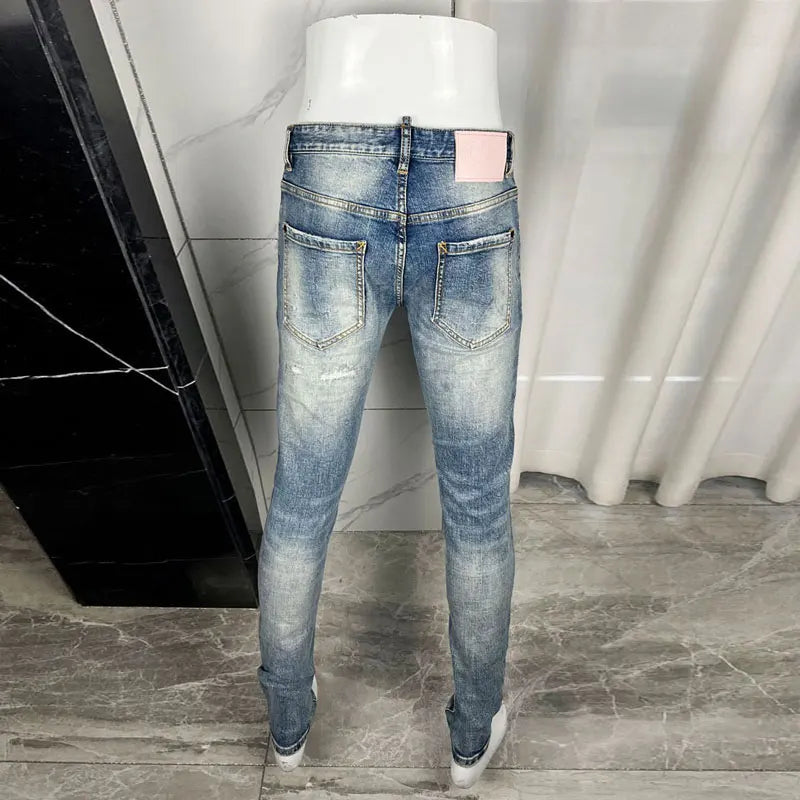 Fashionable new light blue men's jeans, elastic slim fit, washed with nostalgia, color distressed patch jeans, hip-hop brand pan