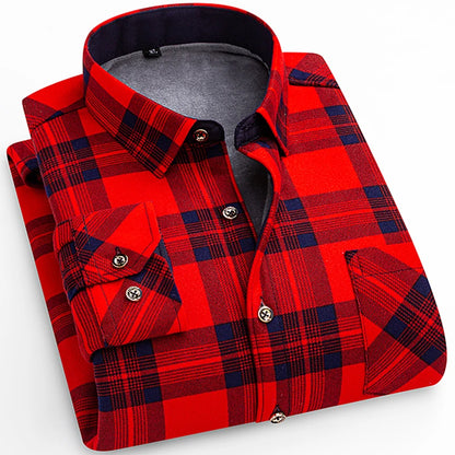 Winter Warm Shirt For Man Thickened Flannel Plaid Casual Menswear Long Sleeve Plus Fleece Big Size Regular Fit Smart Dress Shirt