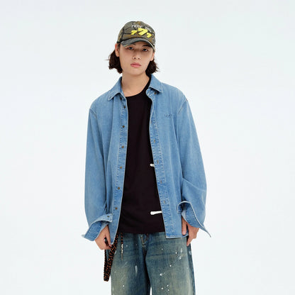 Metersbonwe Men's 2026 Spring Loose Lapel Long Sleeves Shirt Comfort Vintage Denim Light Blue Jacket Classic Casual Fashion Top