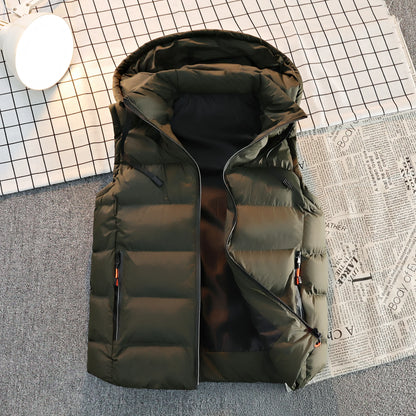 Streetwear Men's Puffer Vest - Removable Hood with Drawstring, Hidden Zip Pockets, Edgy for Winter Daily Looks