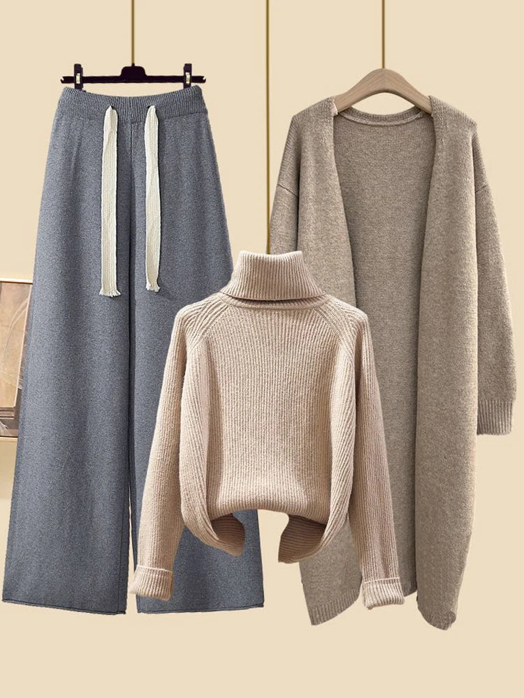Fashionable Knitted Three-Piece Set Women's Autumn New Lazy Style Open Cardigan Outerwear Slimming Wide Leg Pants