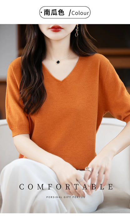 Thin Worsted Wool Short-Sleeved Women's Loose Round Neck T-shirt Printed Summer Fashion Knitted Bottoming Shirt Half-Sleeved