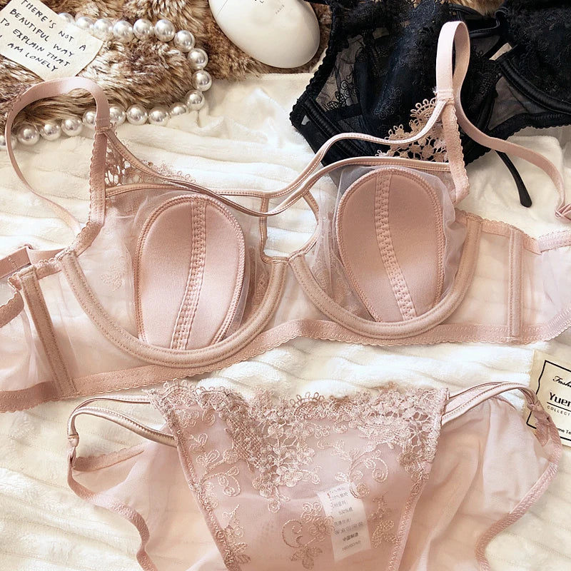 Sexy Hollow Women Underwear Lace Floral Embroidery French Ultra Thin Cup Push Up Bra Set Adjustable Strap Brassiere Panties Sets