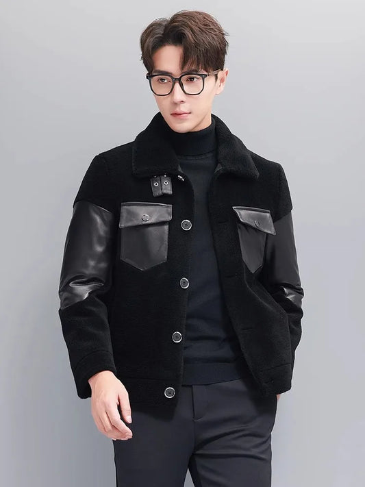 Mens Winter Real Sheep Fur Jacket Lapel Collar Single Breasted Business Work Warm Padded Coat Spliced Real Sheepskin Jacket 5XL