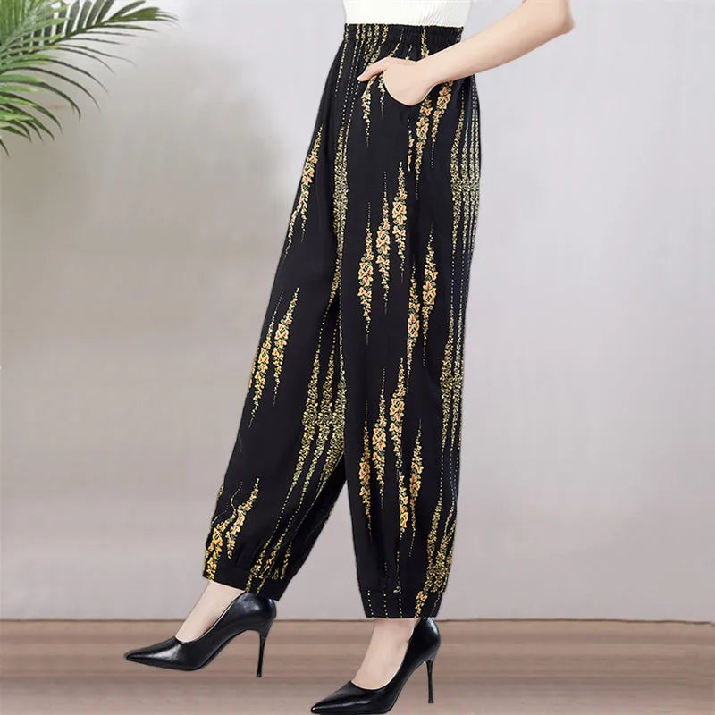 High Waist Lantern Pants Casual Cotton Silk Large Size Printed Long Trousers for Middle-Aged And Elderly Women