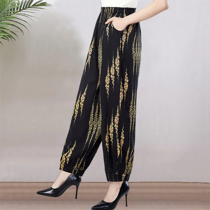 High Waist Lantern Pants Casual Cotton Silk Large Size Printed Long Trousers for Middle-Aged And Elderly Women