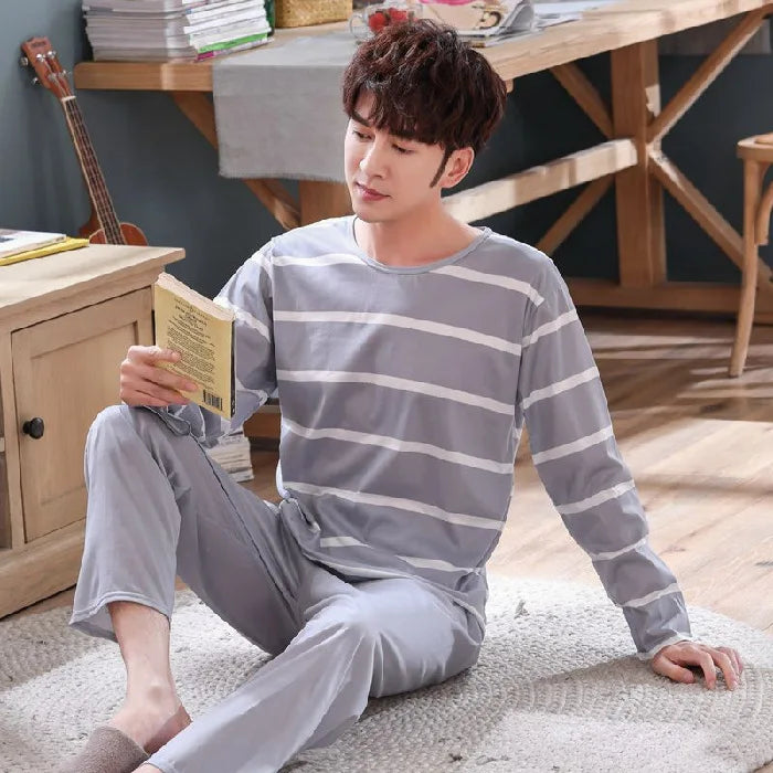 Spring and Autumn Long-Sleeved Long Pants Men's Pajamas Homewear Loose Casual Striped Nightwear Large Size Sleepwear Loungewear