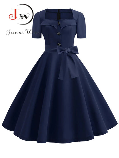 Women's Polka Dot Summer Midi Dress Square Collar Short Sleeve Elegant Vintage Casual Party Holiday Wear
