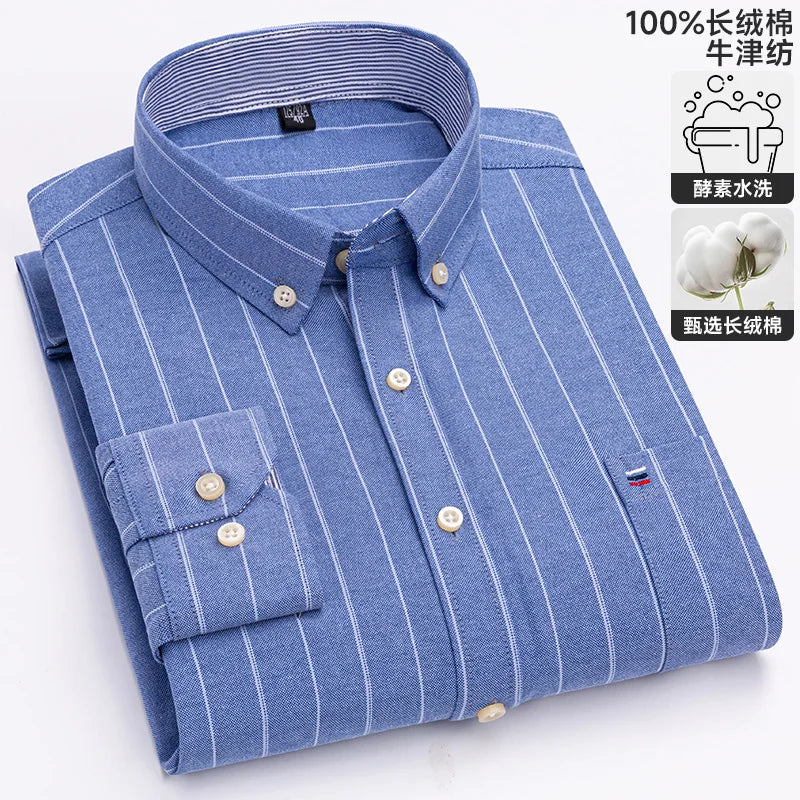100% Cotton Oxford Casual Shirts For Men Long Sleeved Plaid Striped Soft Regular Fit Formal Single Pocket Social Fashion Blouses