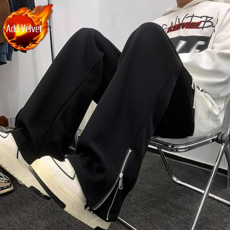 Men’s Thickened Fleece Joggers High Waist Slimming Zipper Pants Solid Color Casual Trousers for Autumn Winter Couple Unisex Wear